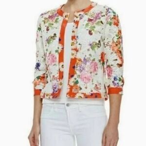 Michael Simon Sz XL Floral Crochet Lace Crop Blazer Cardigan Silk Trim